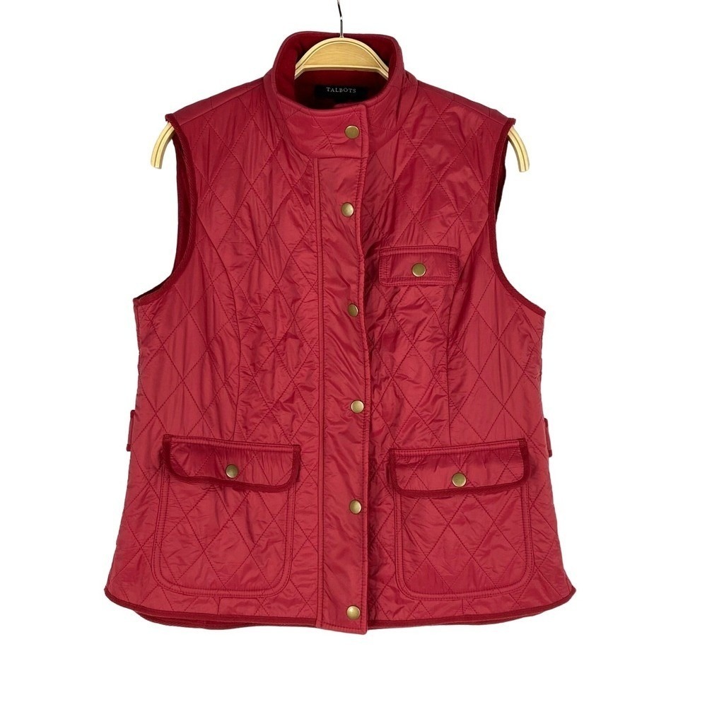 Talbots Equestrian Quilted Vest Women Size M Red Barn Chore Utility Flap Pockets